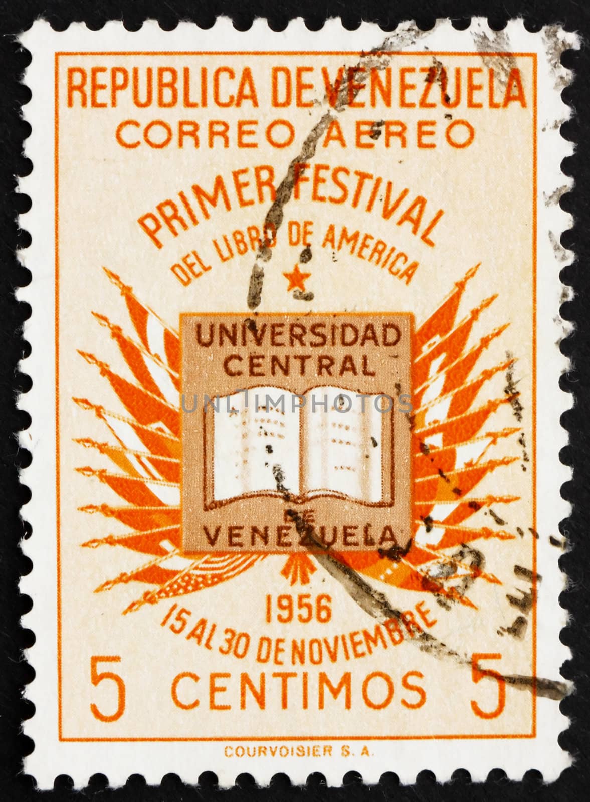 VENEZUELA - CIRCA 1956: a stamp printed in the Venezuela shows Book and Flags of American Nations, Book Festival of the Americas, circa 1956