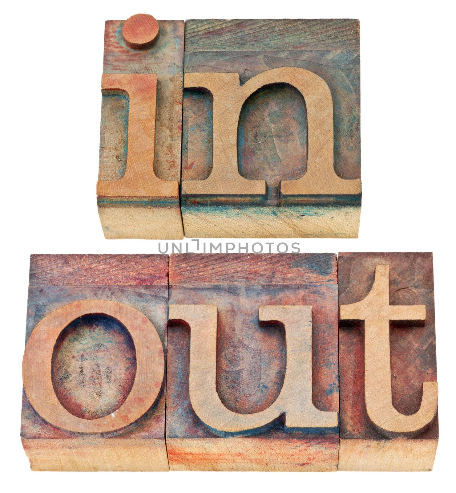 in and out - isolated words in vintage letterpress wood type