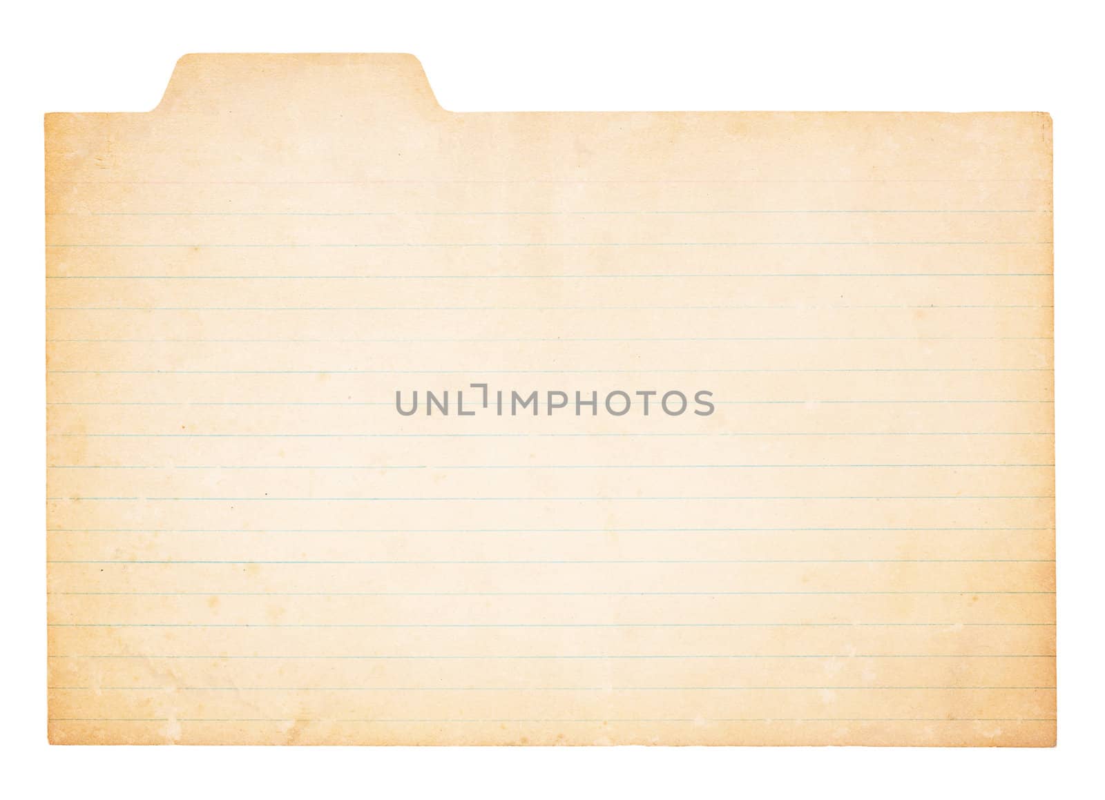 An old, yellowing card with tab. Card is stained and worn in places.  Isolated on white with clipping path.