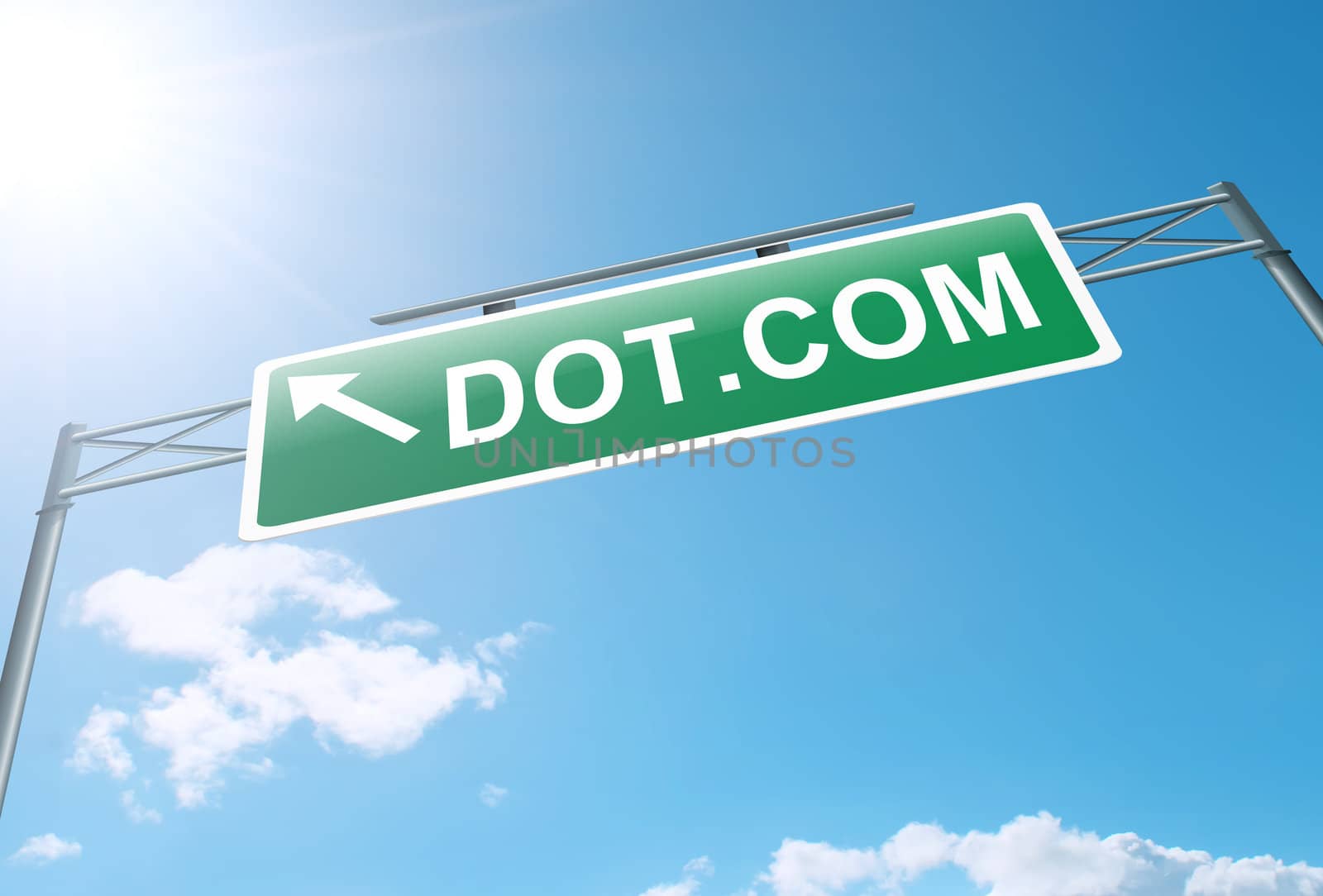 Illustration depicting a roadsign with an internet concept. Bright sunlight and blue sky background.