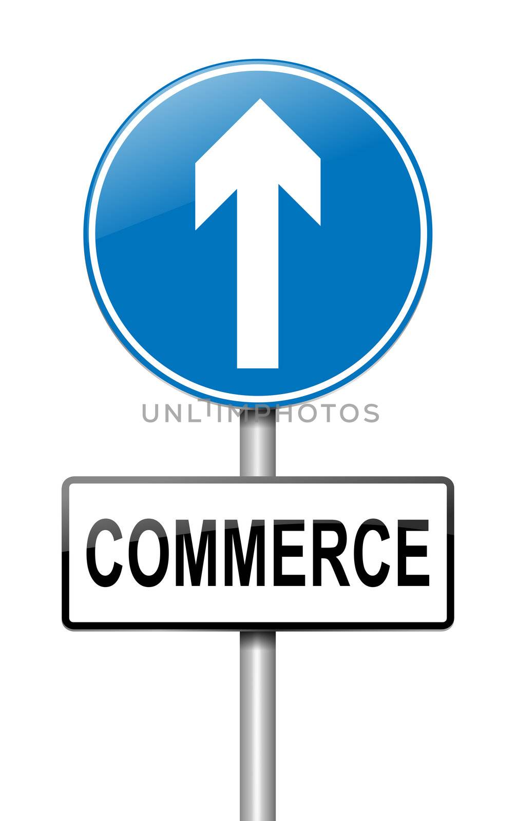 Illustration depicting a roadsign with a commerce concept. White background.