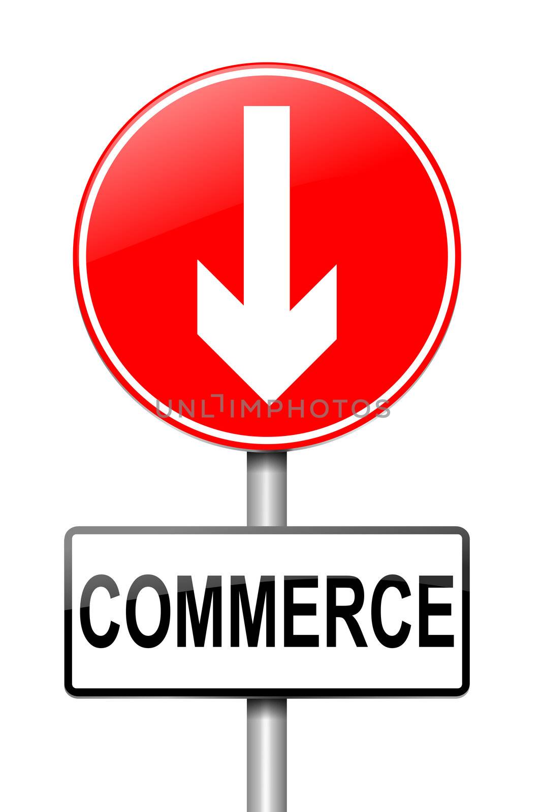 Illustration depicting a roadsign with a commerce concept. White background.