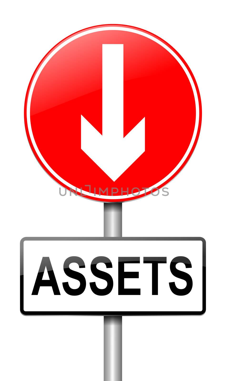 Illustration depicting a roadsign with a falling assets concept. White background.
