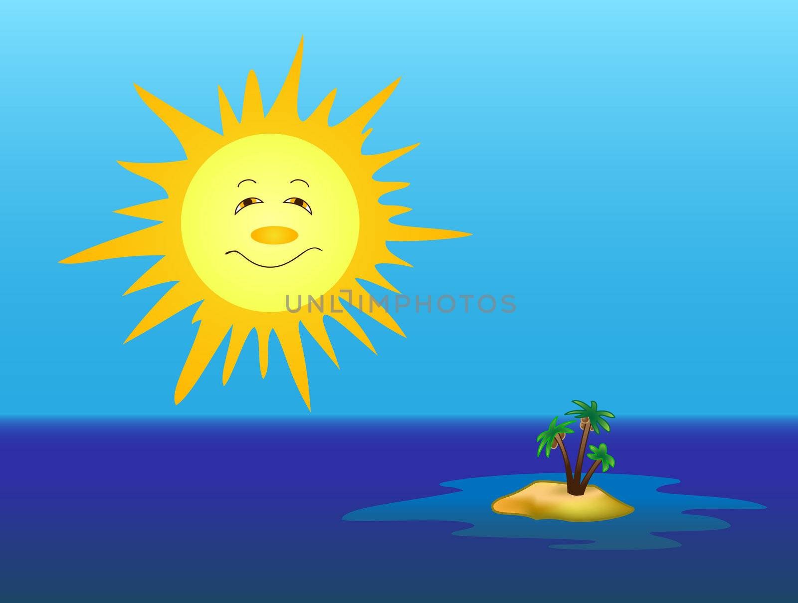 Summer tropical sea landscape: smiling sun, sky and island with palm trees