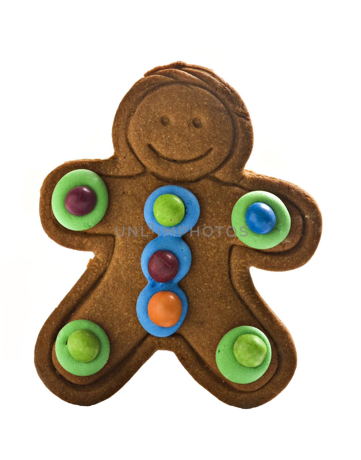 Colorful gingerbread man on white background with space for text