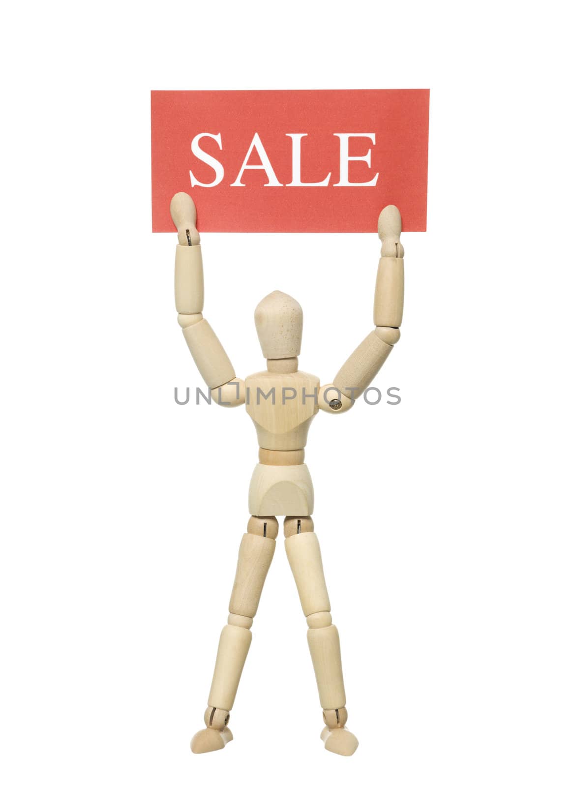 Mannequin Doll with a Sale Sign on white background