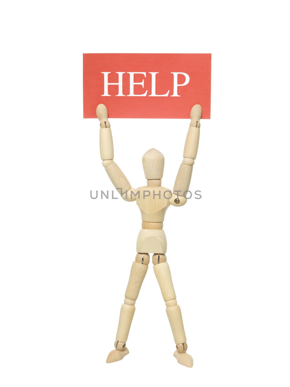 Mannequin Doll with a Help Sign on white background