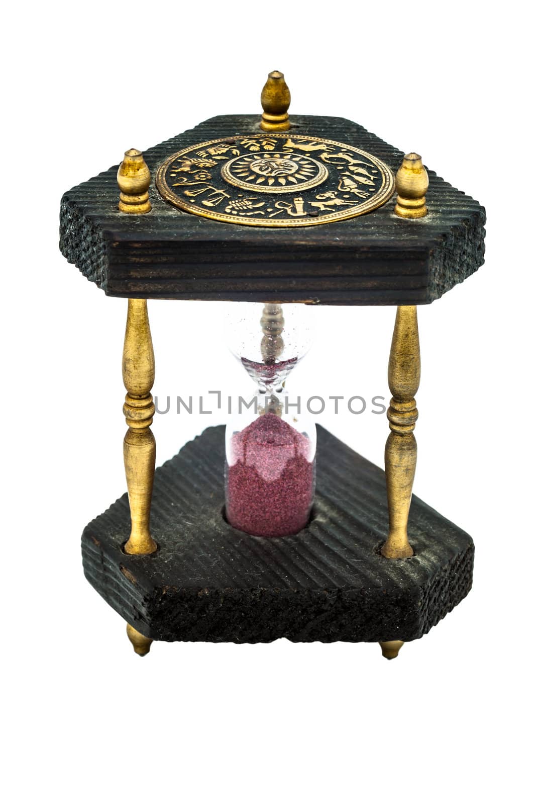 A wooden old sandglass isolated on white background