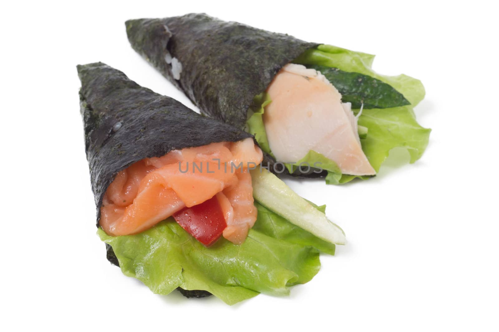 Various kinds of sushi and sashimi. Isolated.