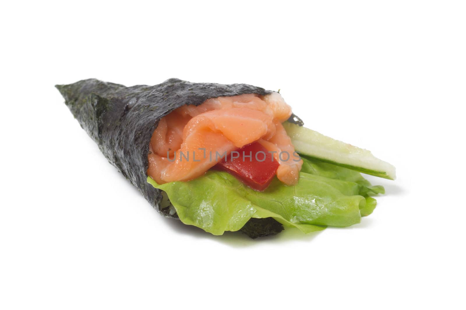 Various kinds of sushi and sashimi. Isolated.