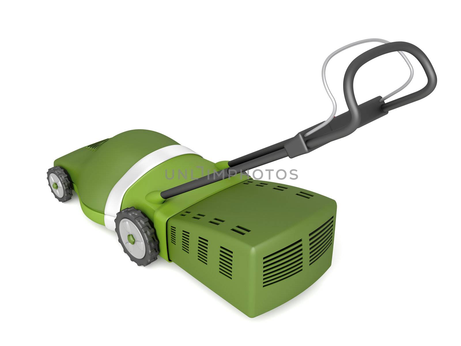 Green lawn mower on white background