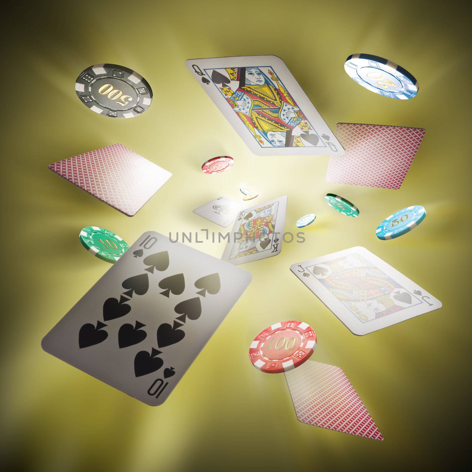 Poker cards and Casino chips fly into a bright center in the back ground