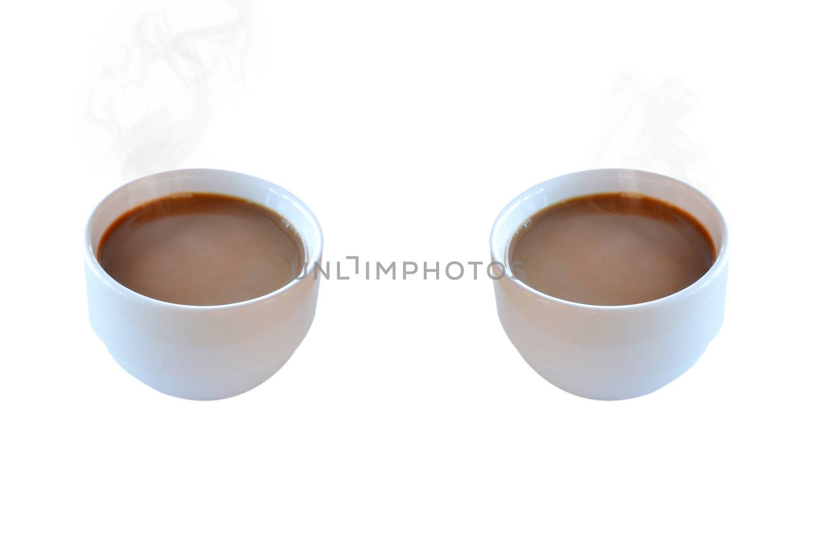 two hot coffee in a white cup on white background