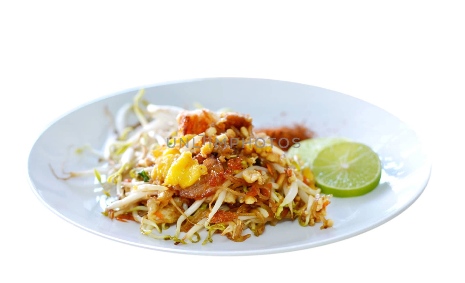  Stir fry noodles on white background , favorite Thai style cuisine