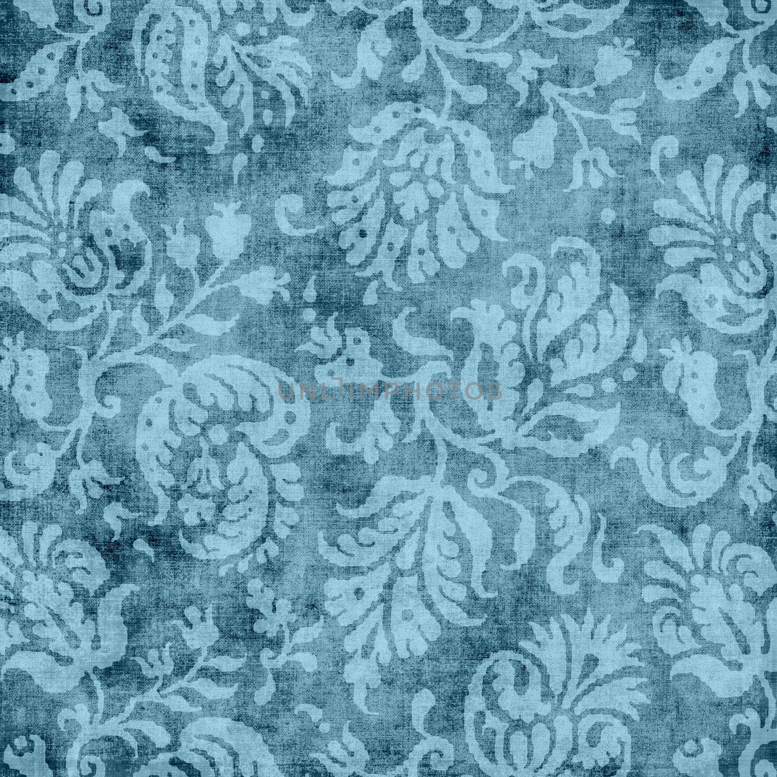 Worn blue floral tapestry pattern