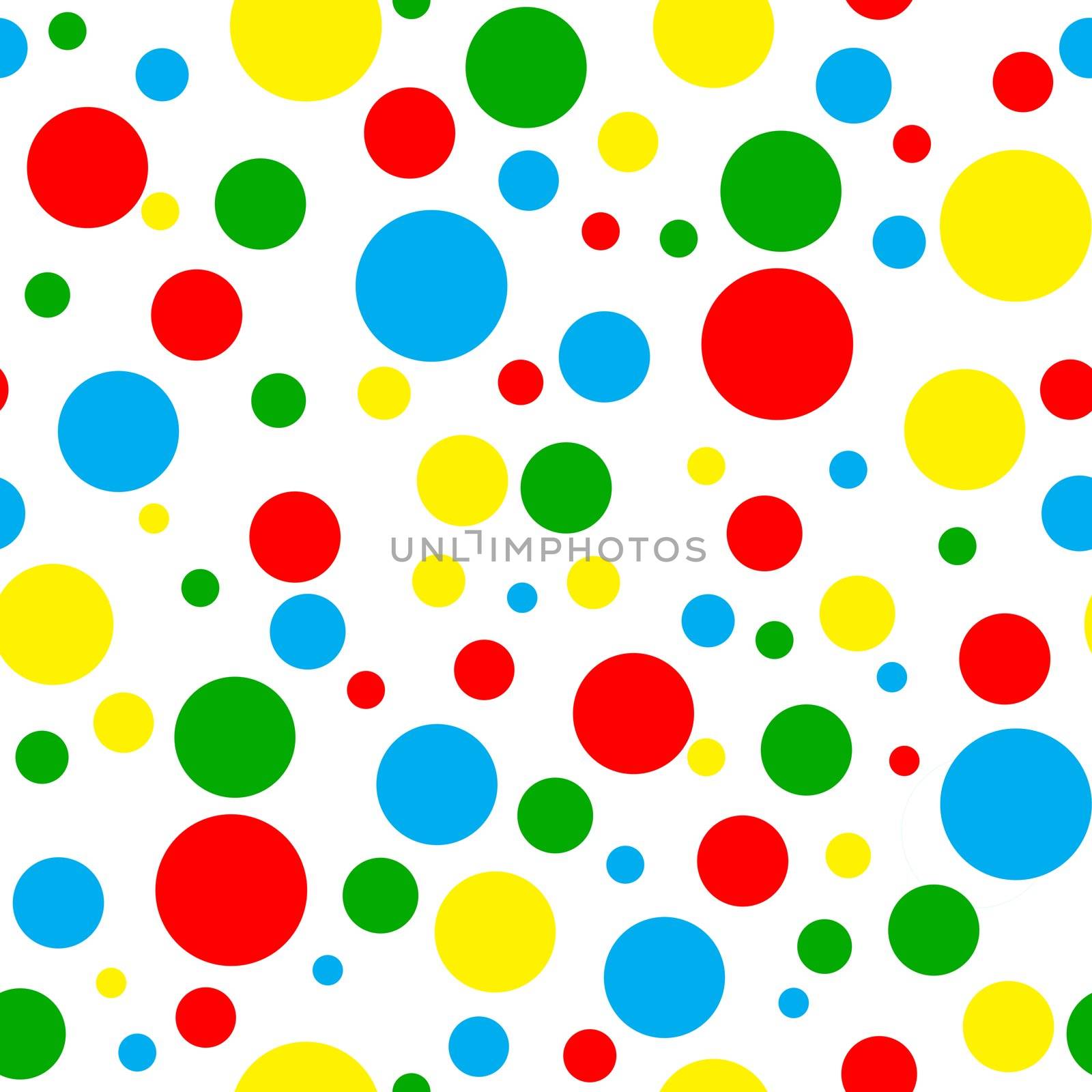 Seamless pattern of bright crayon color polka dots in various sizes on white background