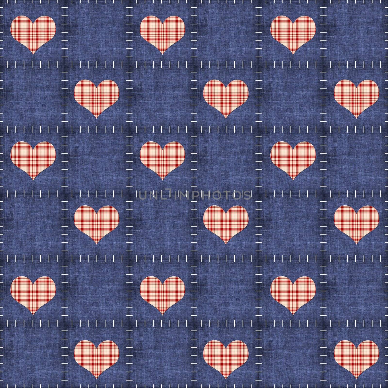 Patched denim with red plaid hearts tile seamlessly