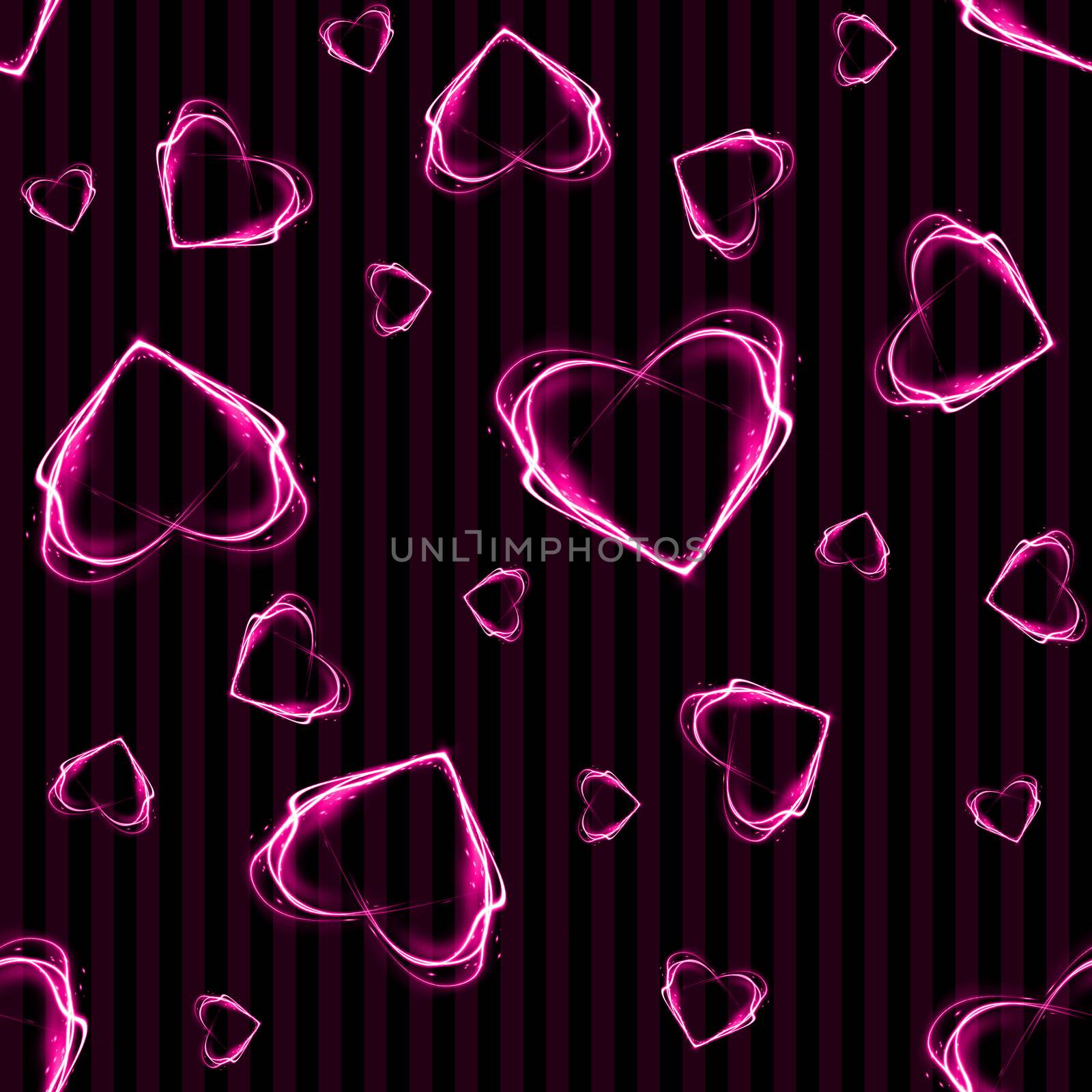 Glowing pink hearts on subtle pink & black stripes. Seamless.