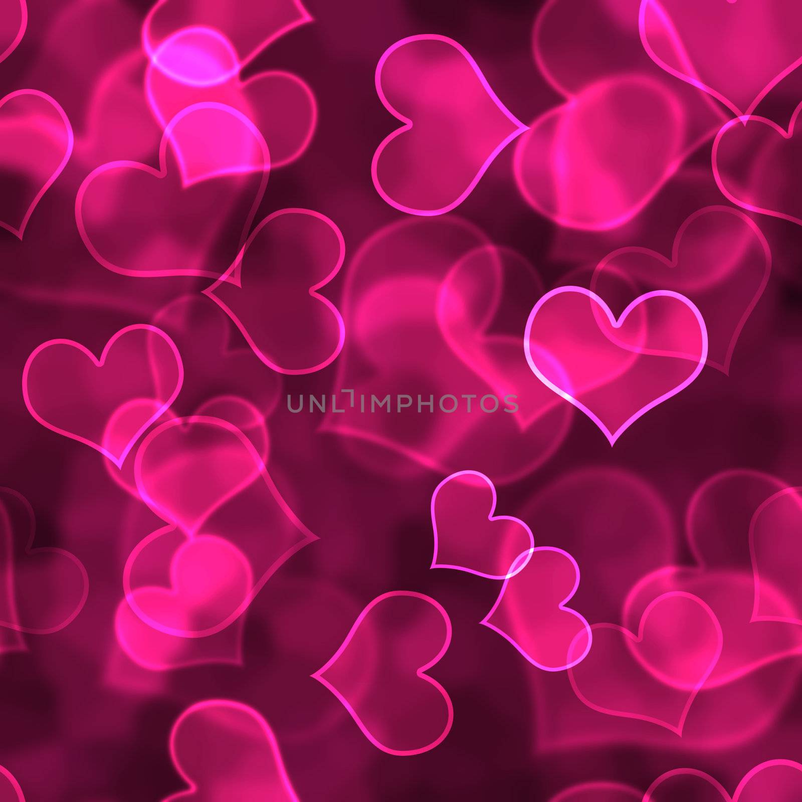 Bright pink hearts in various focus bokeh design on dark background