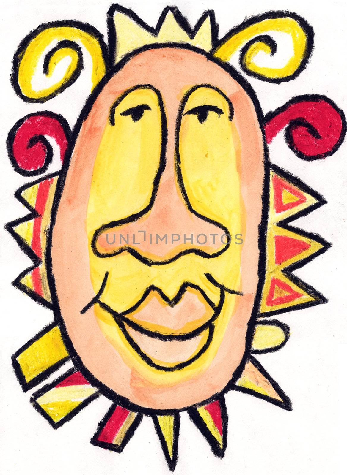 Happy sun in watercolor and crayon on white background