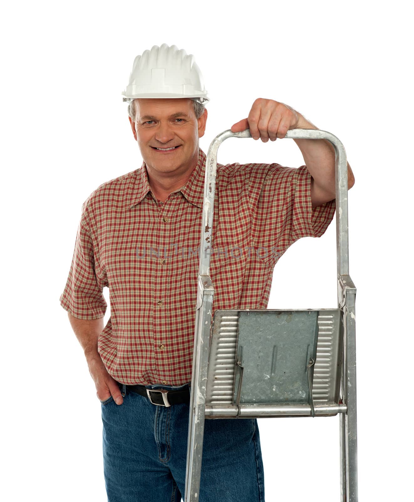 Smiling aged worker posing with ladder isolated against white background
