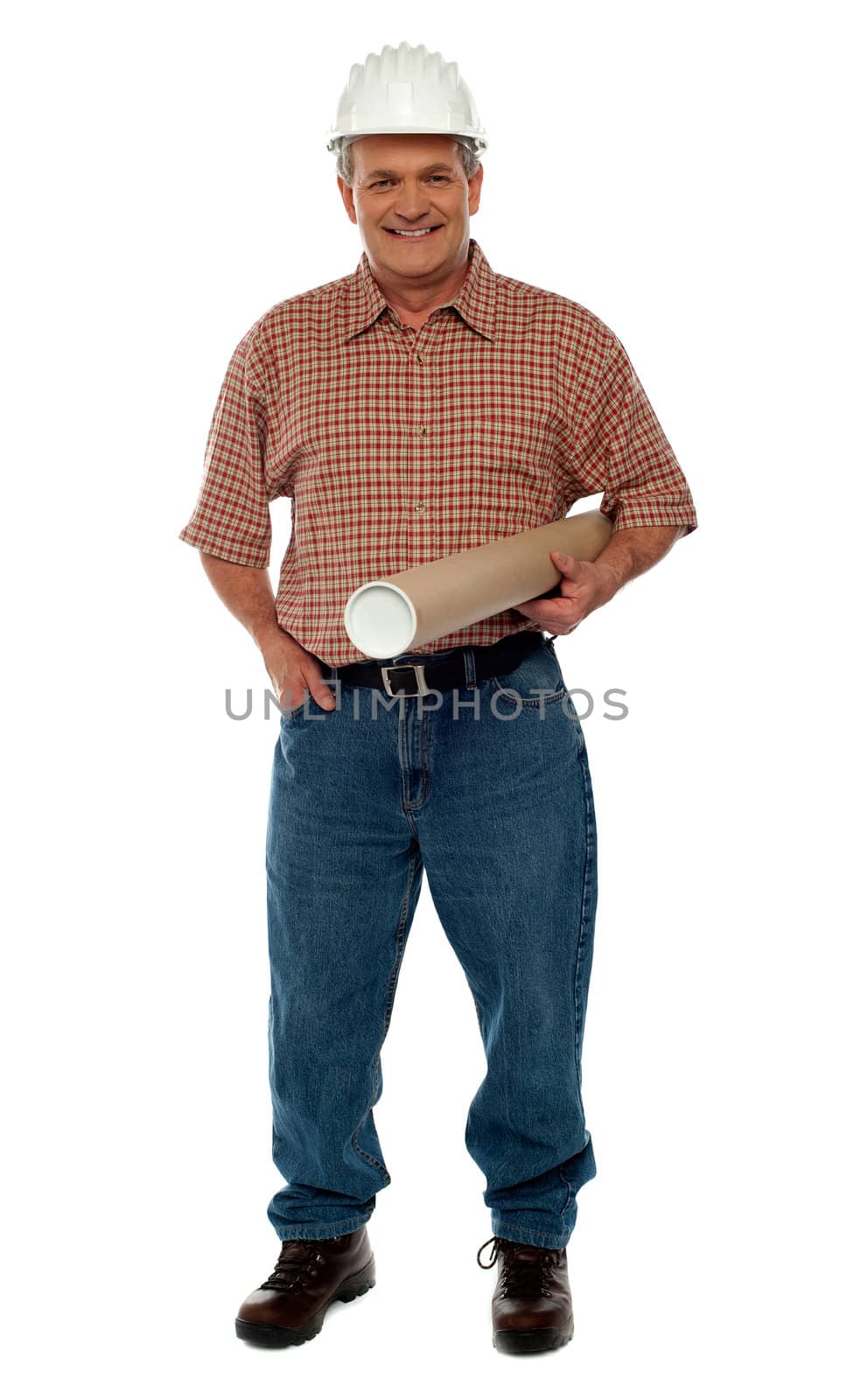 Smiling architect posing with blueprints, full length portrait