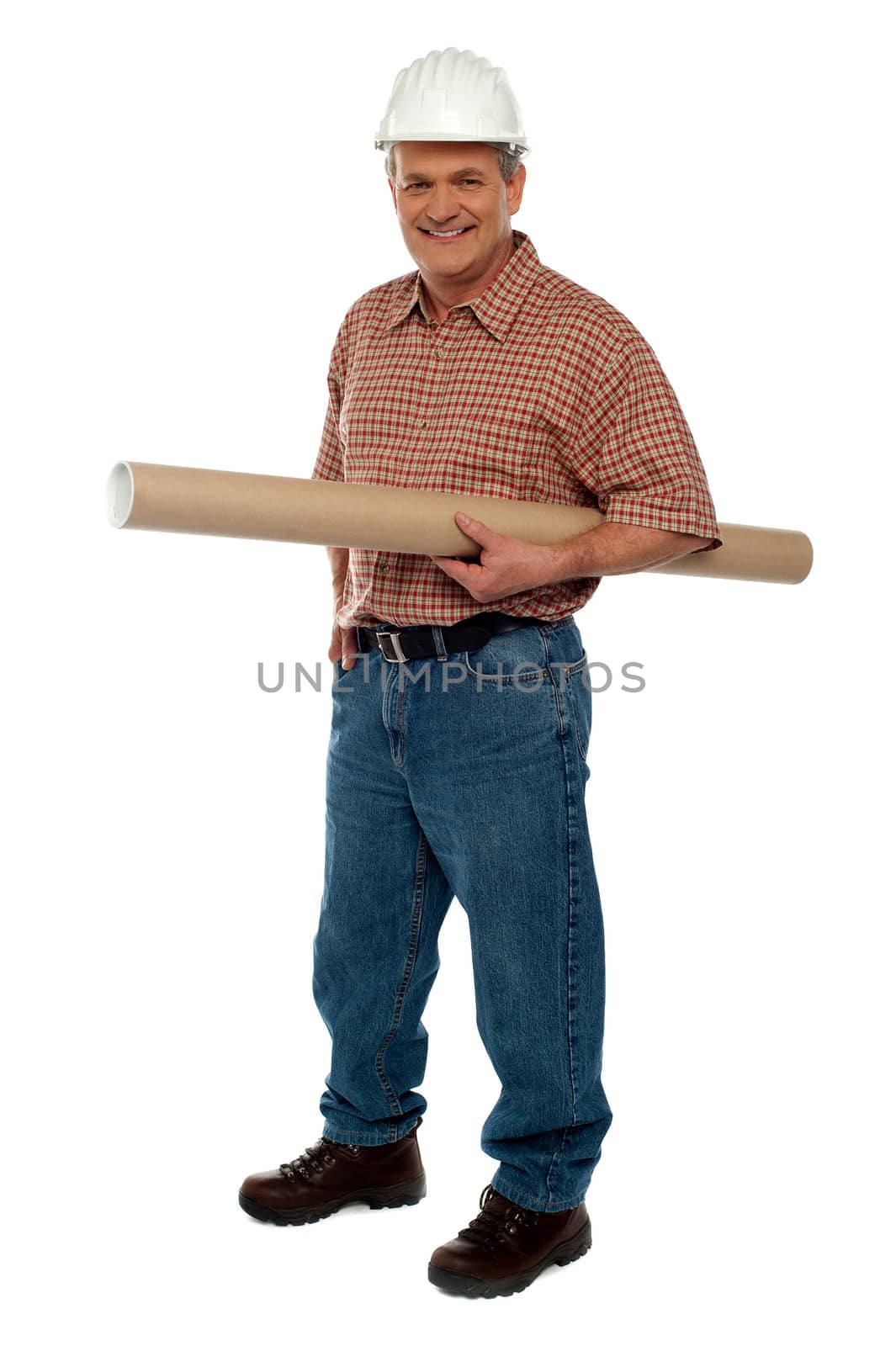 Full length portrait of senior architect wearing safety hat and holding draft