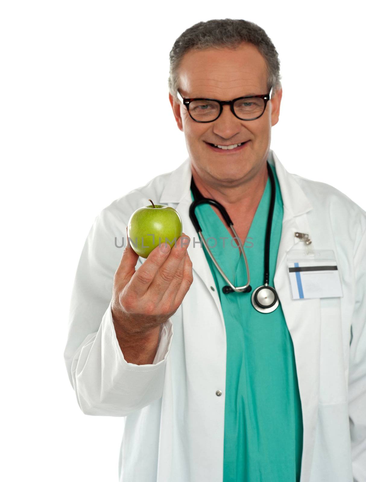 Medical representative offering fresh green apple to you