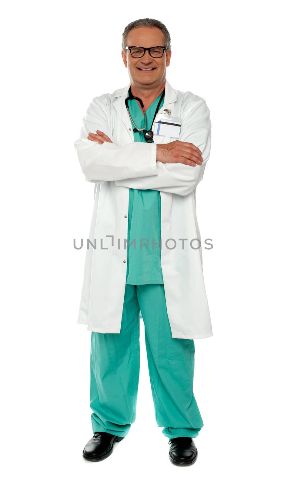 Medical expert standing with arms crossed, full length portrait