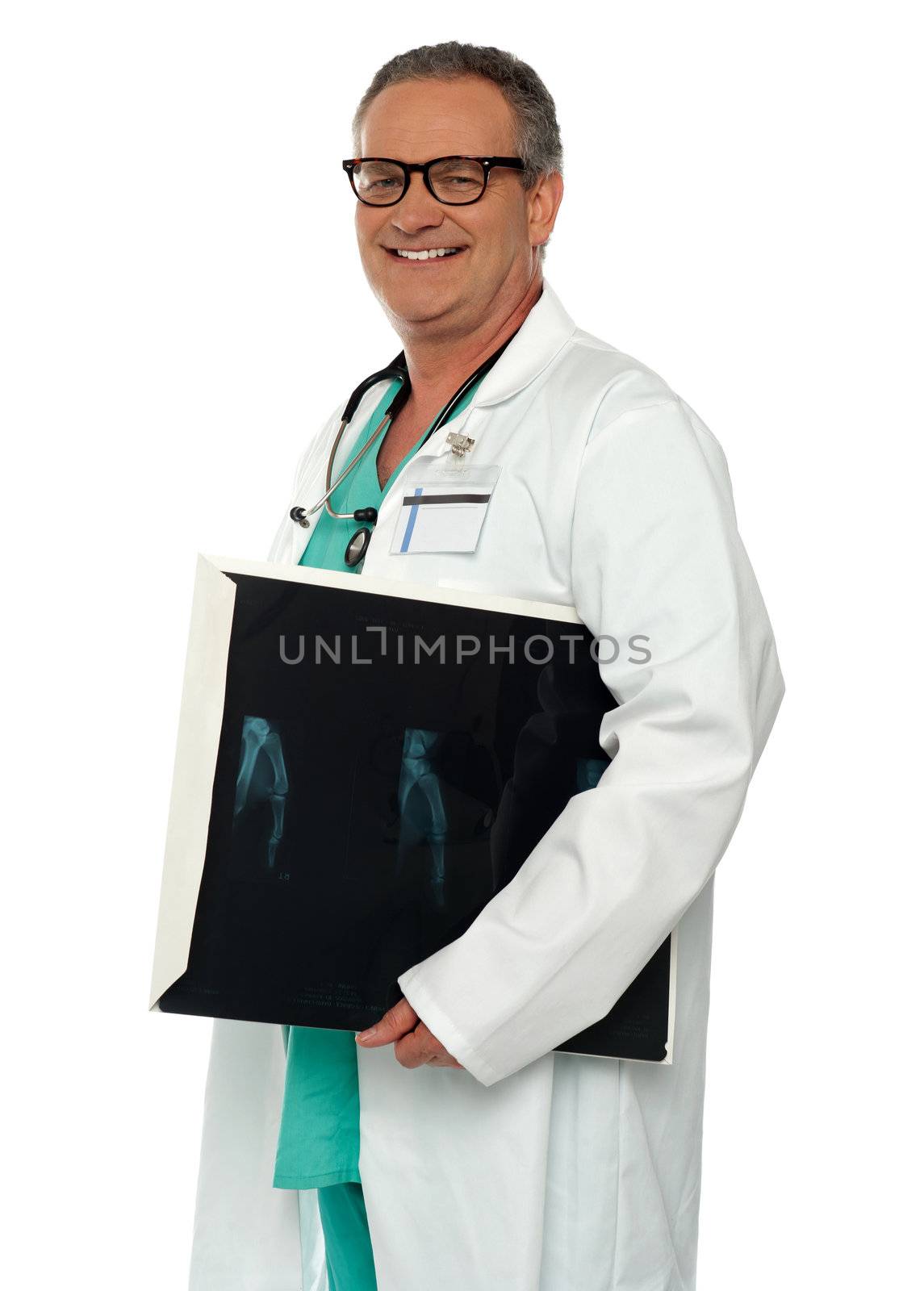 Smiling doctor carrying x-ray report of hand bone. All on white background