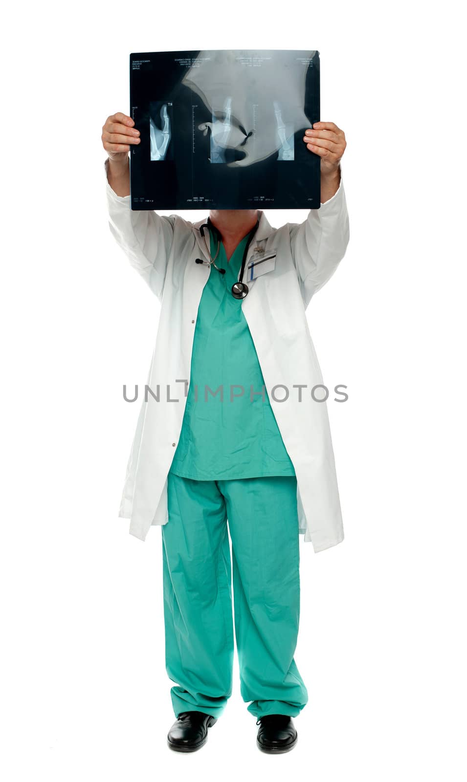 Medical expert hiding his face with x-ray report, full length portrait