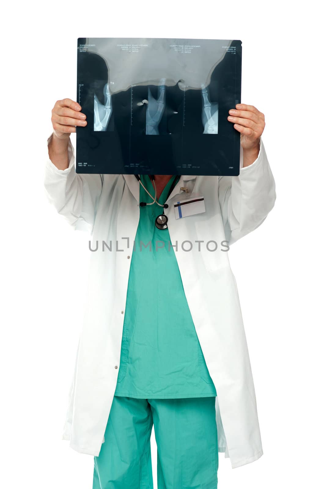 Male surgeon hiding his face with x-ray report. all on white background