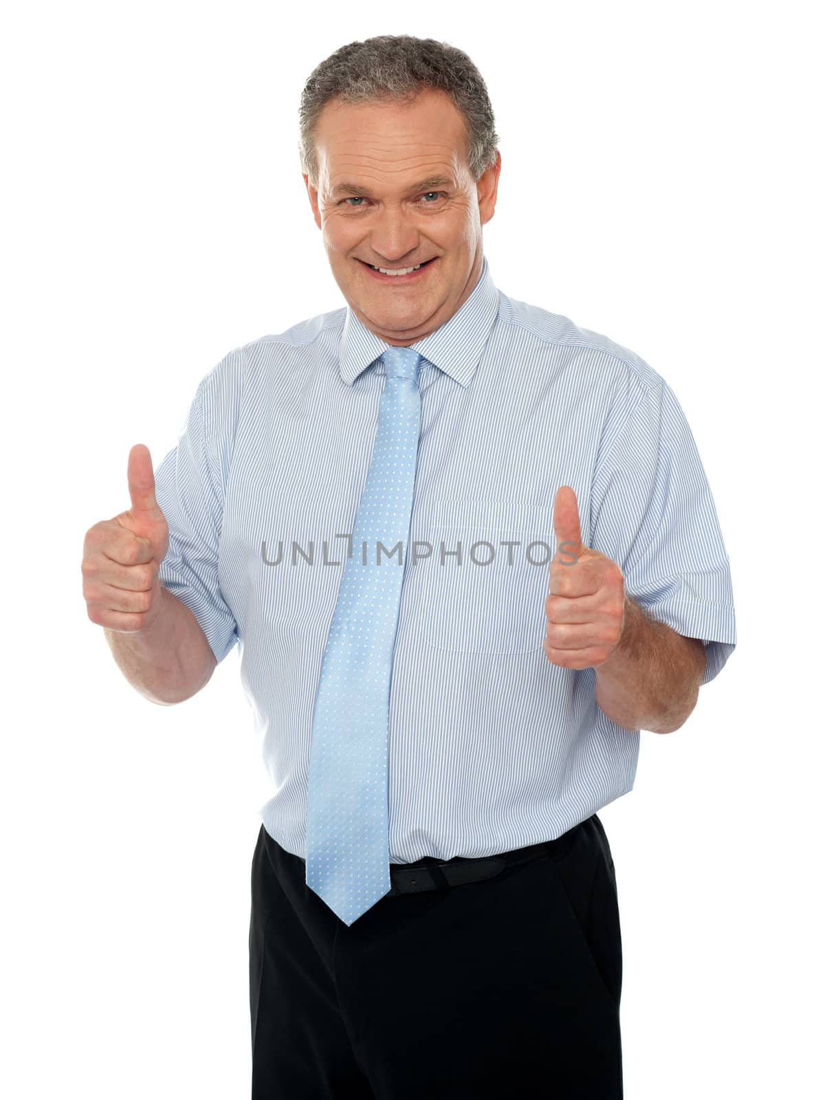 Cheerful senior executive standing with double thumbs up in front of camera