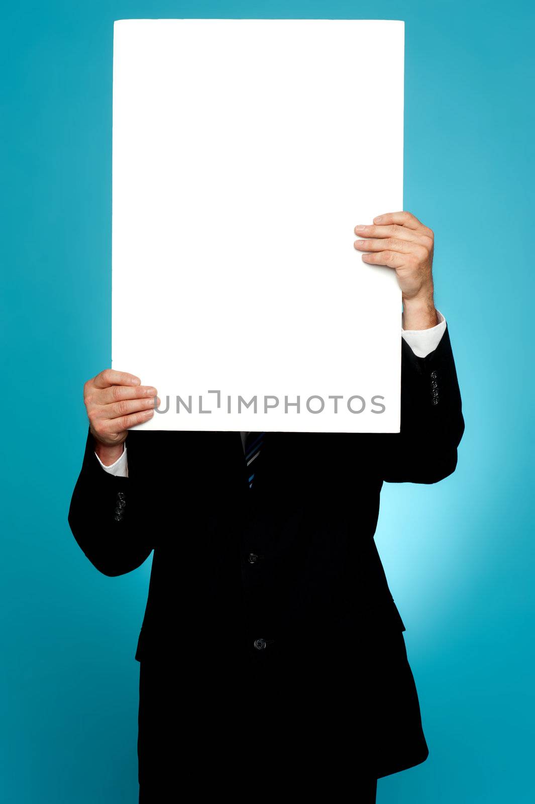 Manager hiding his face behind white banner ad isolated on gradient background