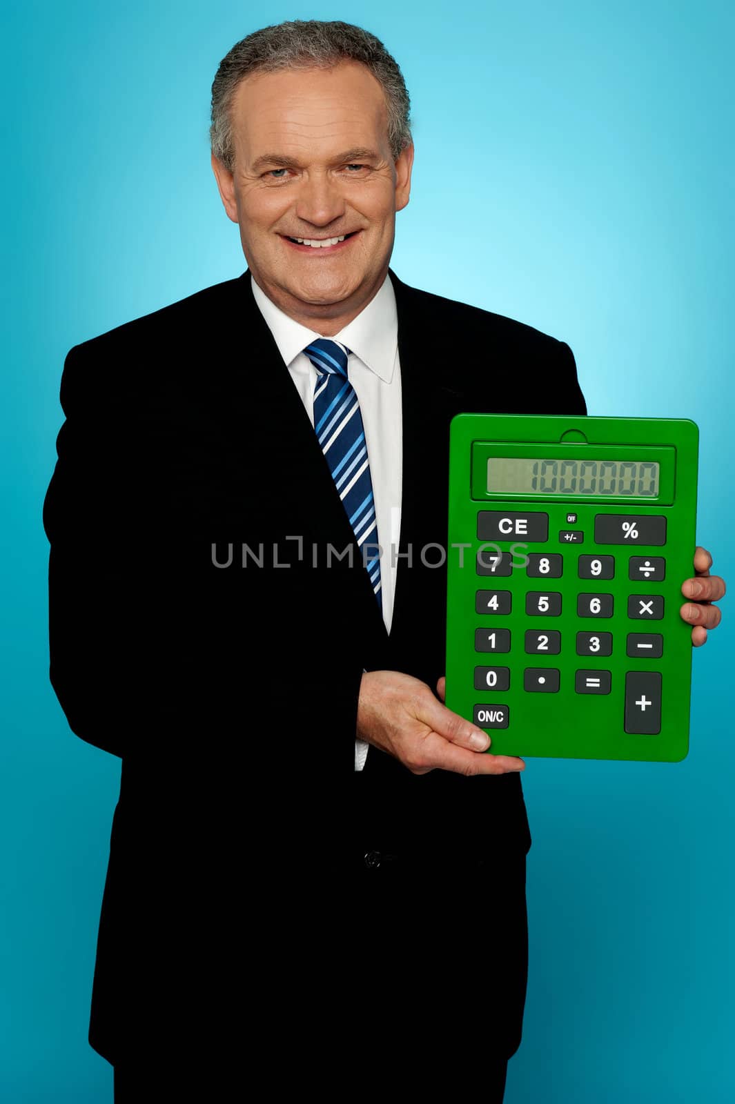 Senior manager showing big green calculator isolated against gradient background