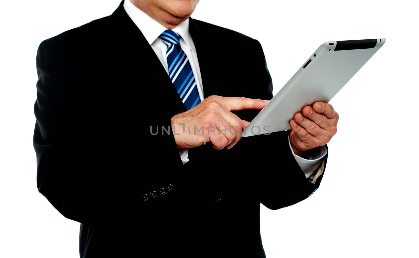 Businessman using tablet, cropped image isolated on white background