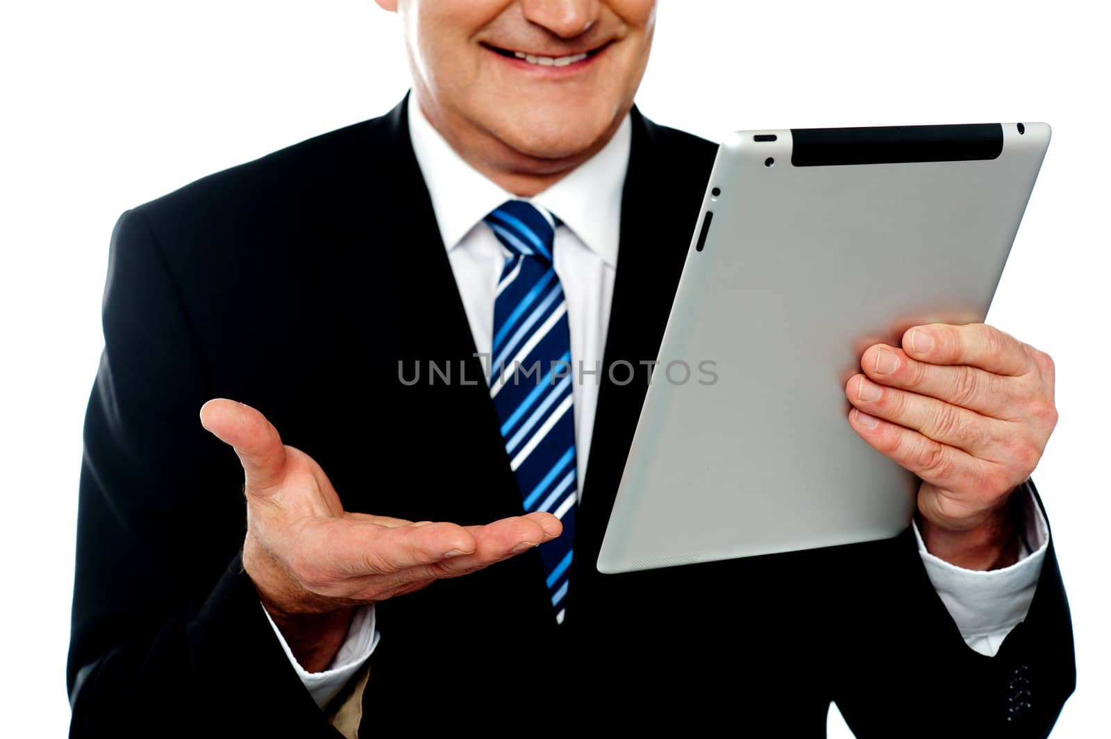 Cropped image of a businessman holding tablet pc isolated against white background
