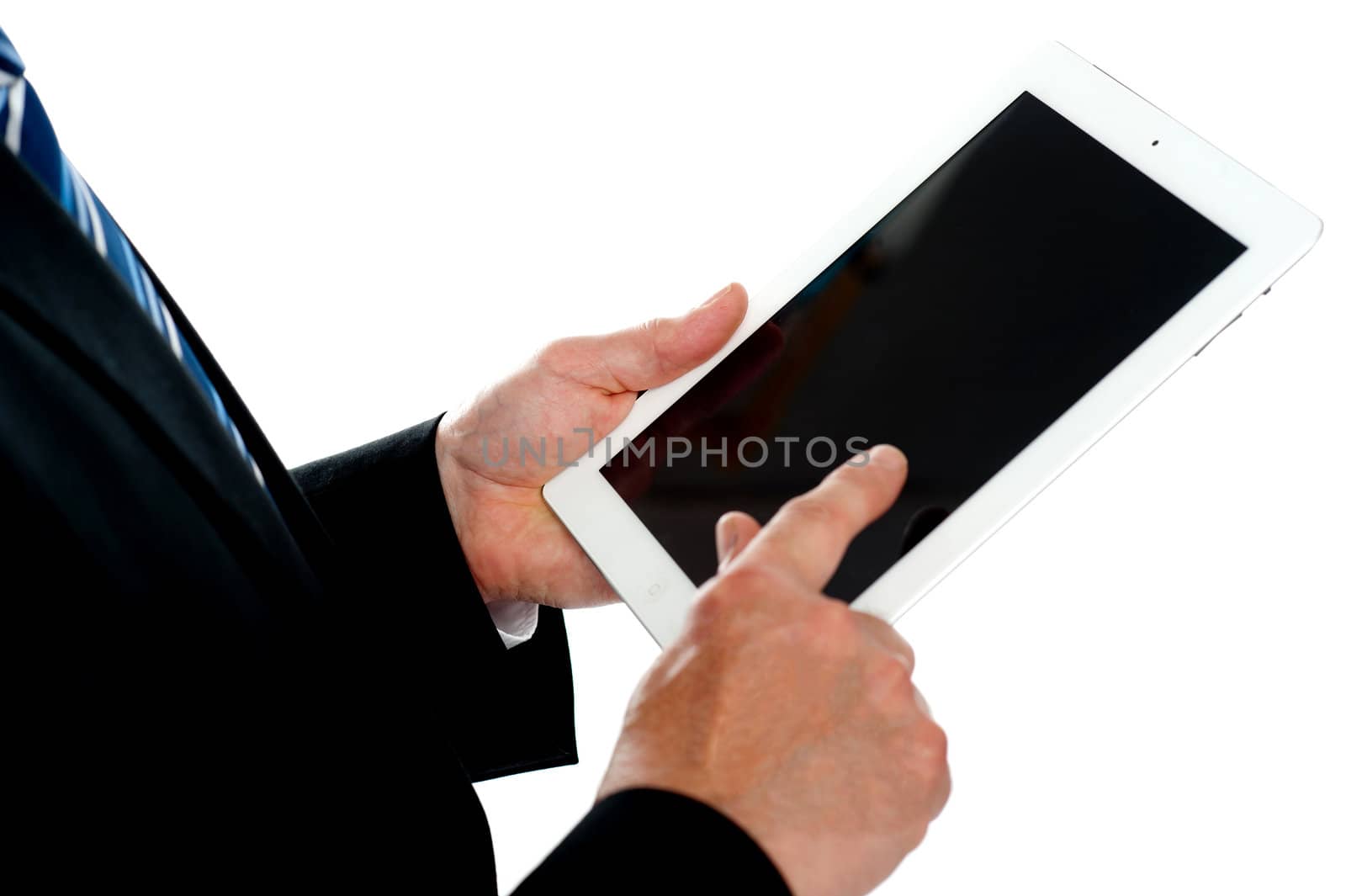Man operating touch screen device, focus on tablet. All on white background