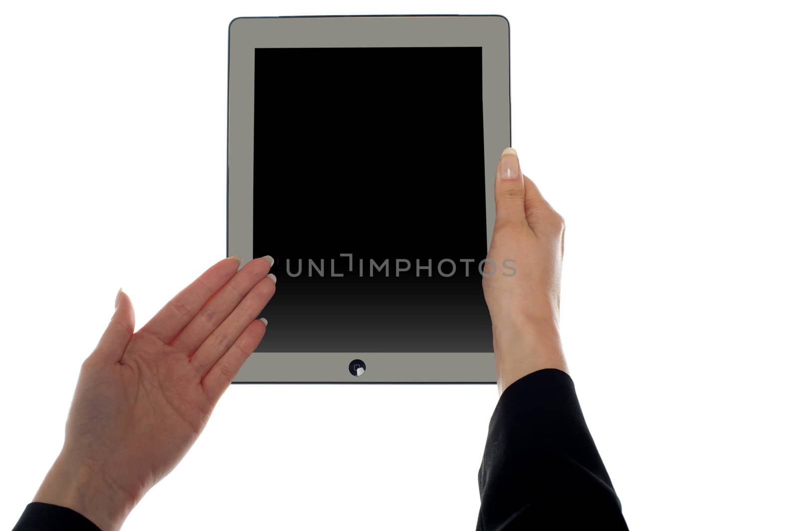 Female hand showing blank screen of tablet over white background