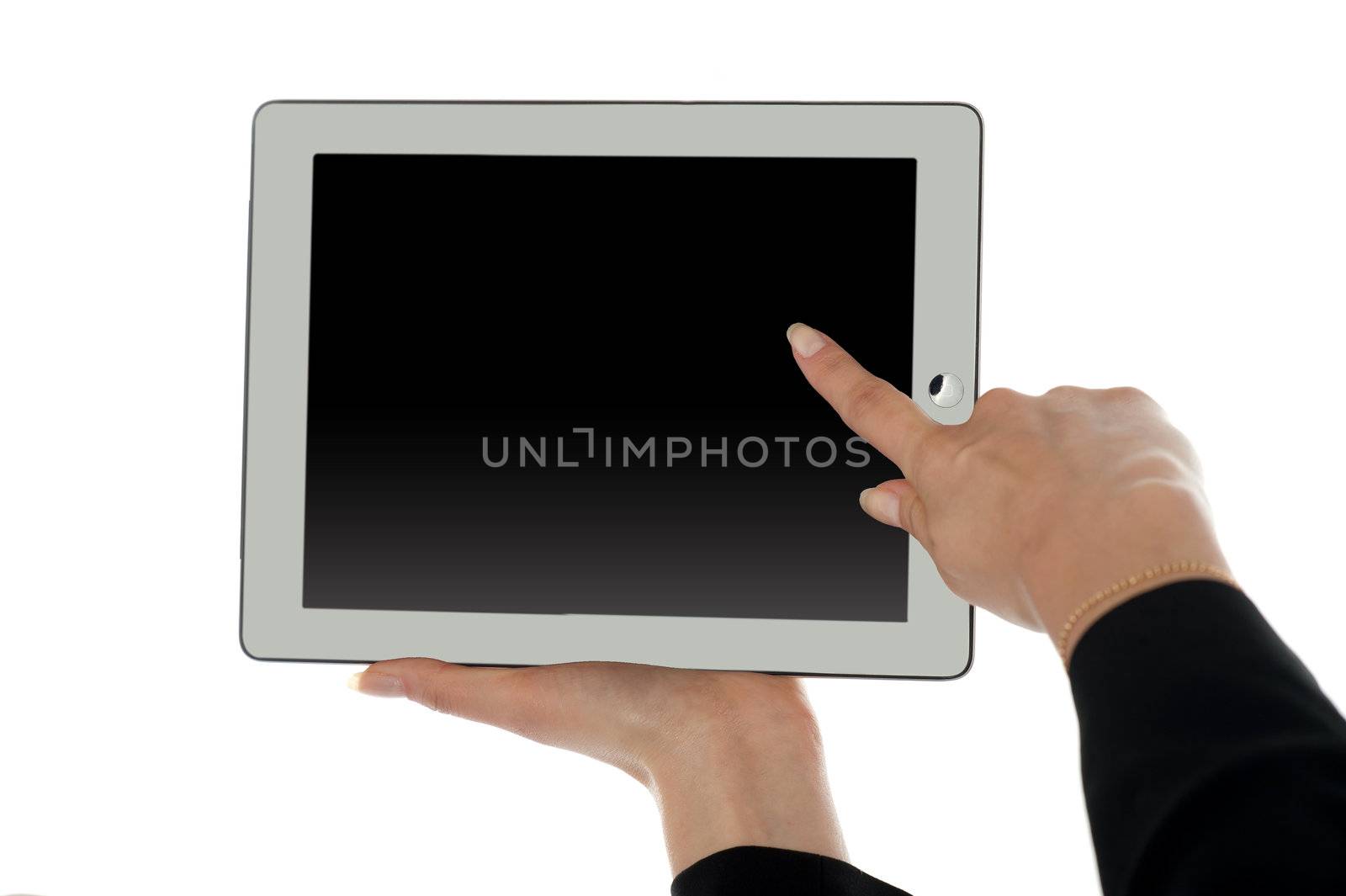 Female finger pointing at blank screen of tablet pc. All on white background