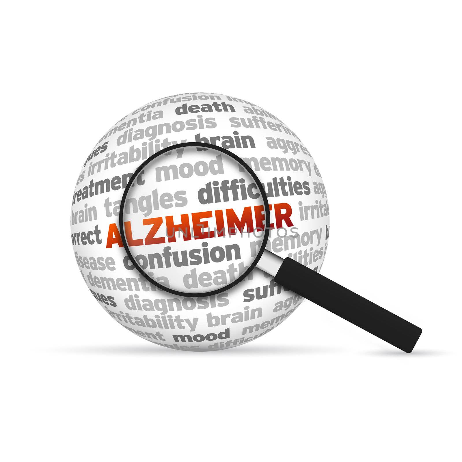 Alzheimer 3d Word Sphere with magnifying glass on white background.