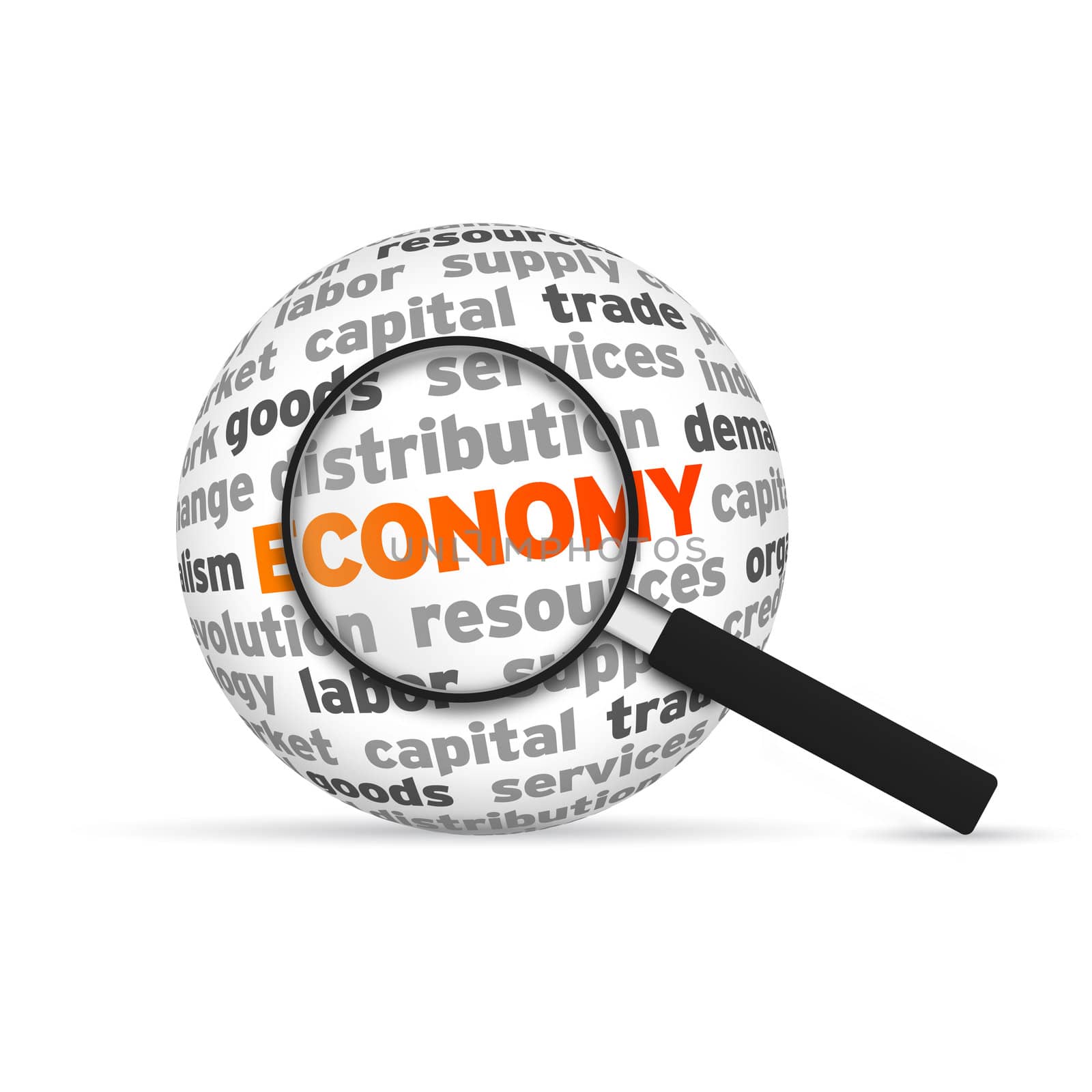 Economy 3d Word Sphere with magnifying glass on white background.