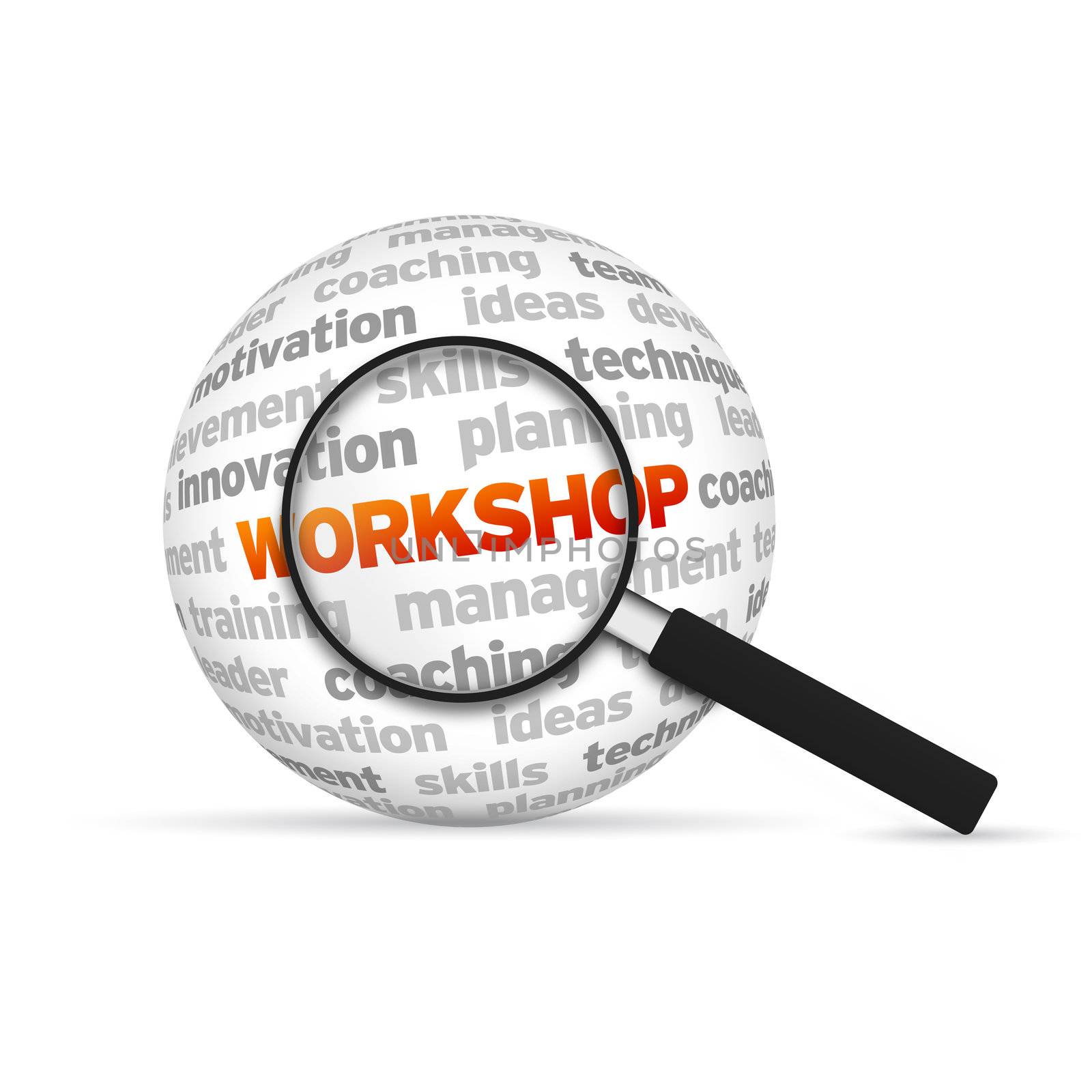 Workshop 3d Word Sphere with magnifying glass on white background.