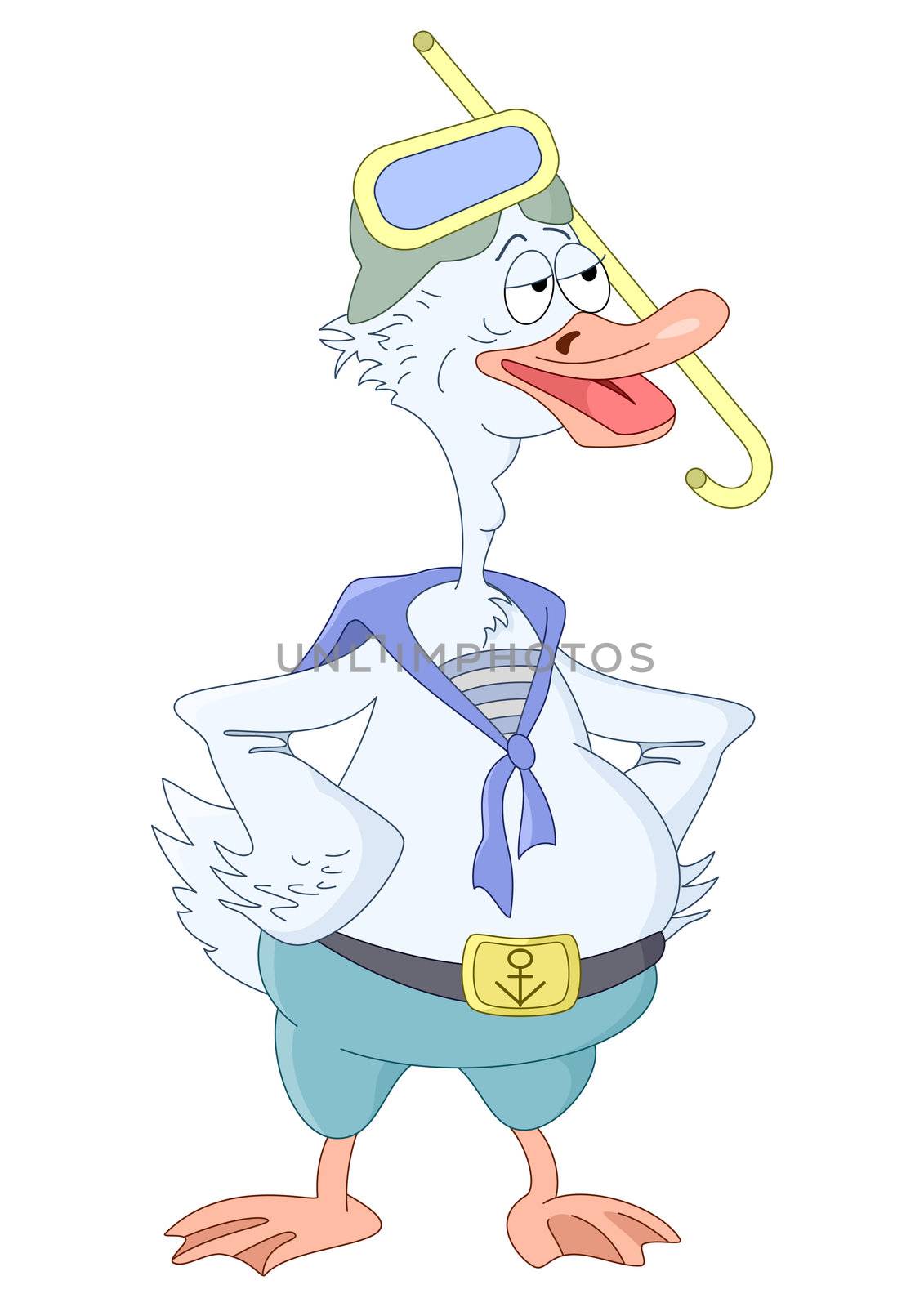 Cartoon: goose diver in the sea form and a mask for a scuba diving it is proud stands and thinks of a difficult sea life