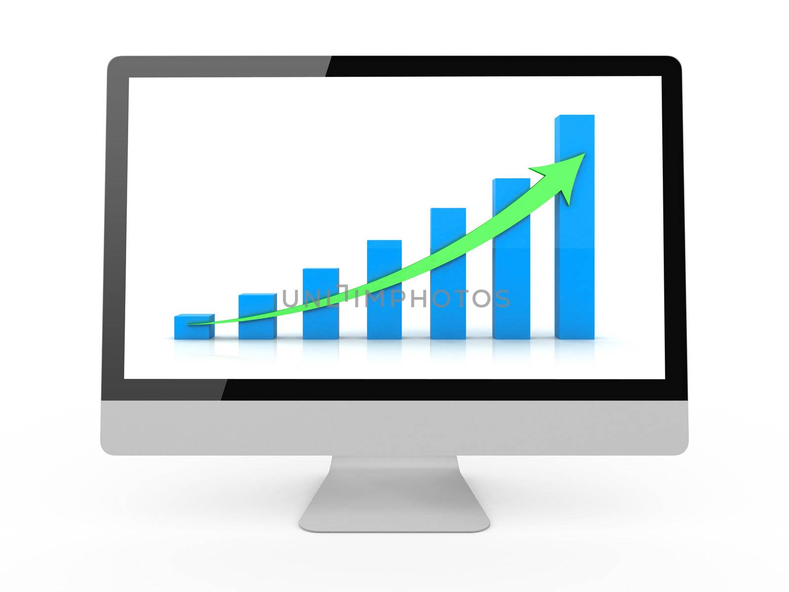 Business profit growth graph chart with 3d reflection on white background.