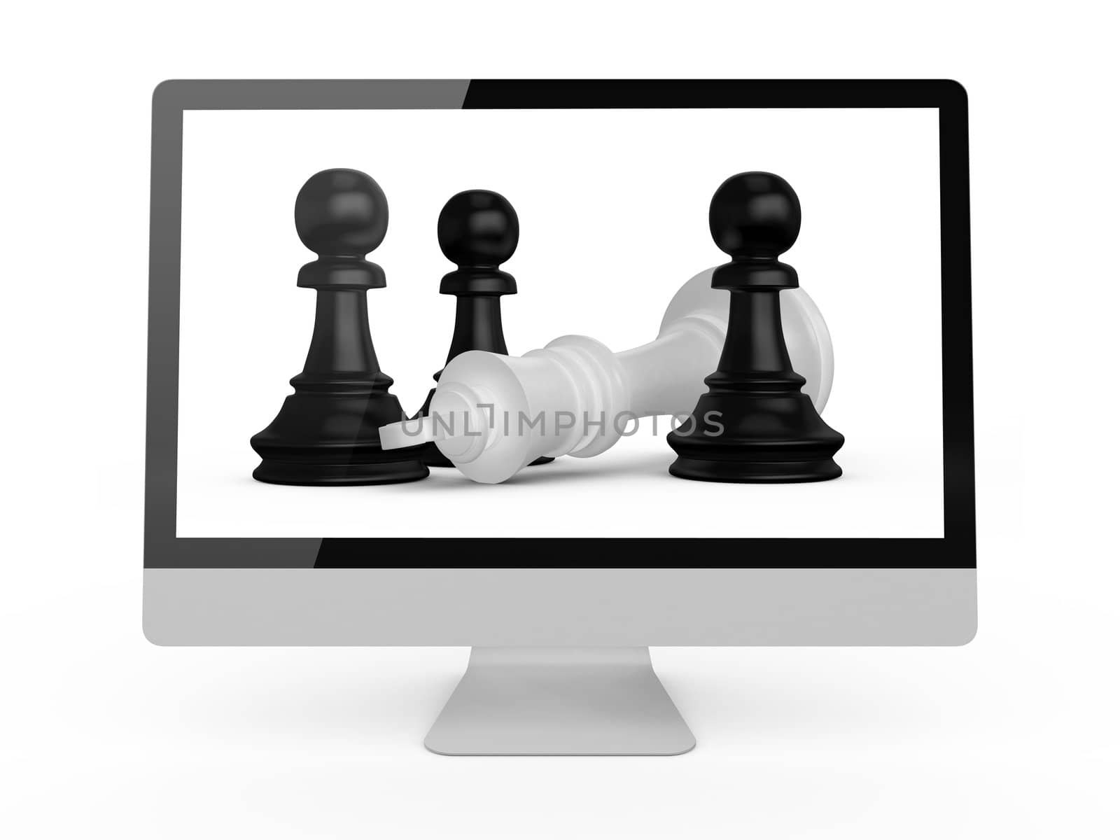 Victory concept. Black pawns defeats white king on computer screen, isolated white background.