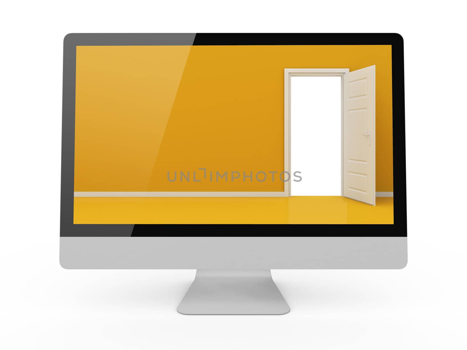 Render of empty wall with white open door and orange wall on computer screen, isolated on white.