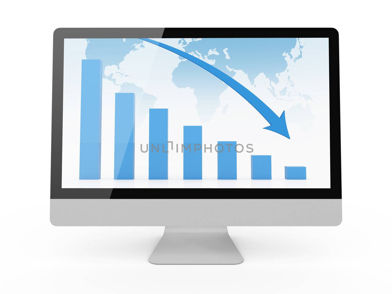 Blue recession chart with blue arrow on blue world map background on screen, isolated on white.