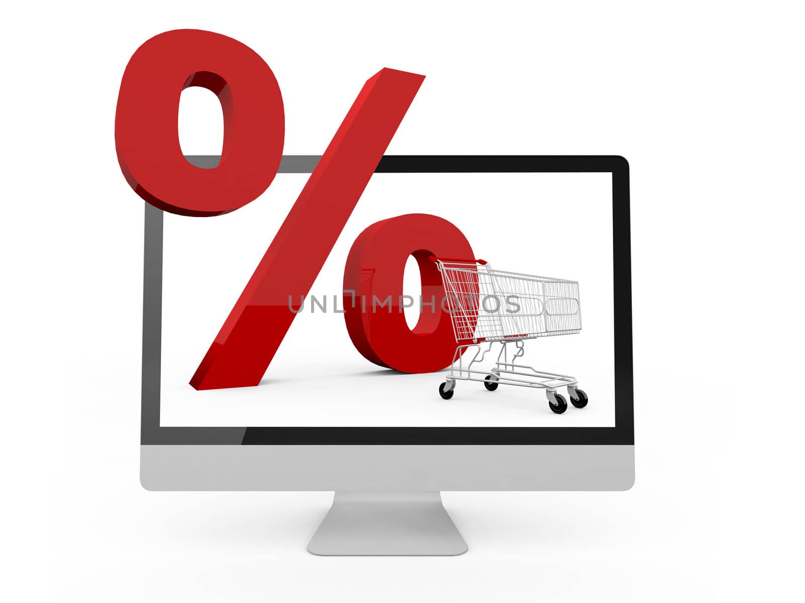 Shopping cart with large percentage symbol on screen, discount concept, isolated on white.