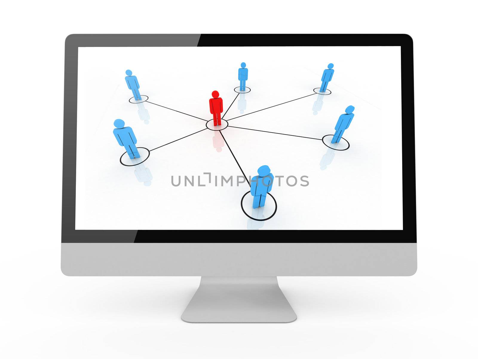 Social people on circular lines with blue symbols and red social man in the middle of the group on computer screen.